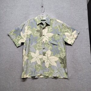 Silk Icon Men Button Up Shirt M Green Blue Beige Hawaiian Floral